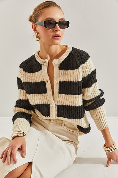 Bianco Lucci Damen-Strickjacke mit Streifen und Knöpfen