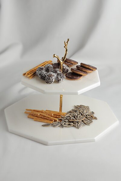 MERALP Presented, Layered Cookie Gold 2-Piece Real Marble Cake Presentation, Metal Profile Handle