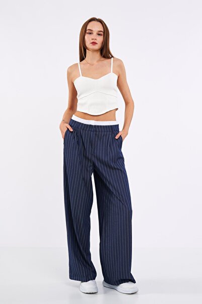 Assertivo Tekstil ASSERTİVO KEMERİ ASTARLI ÇİZGİLİ PLAZZO KADIN PANTOLON