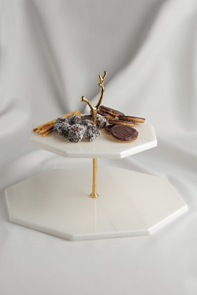 MERALP Presented, Layered Cookie Gold 2-Piece Real Marble Cake Presentation, Metal Profile Handle