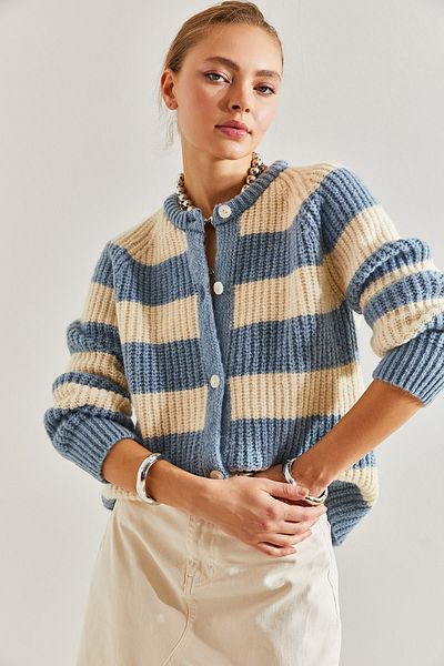 Bianco Lucci Damen-Strickjacke mit Streifen und Knöpfen