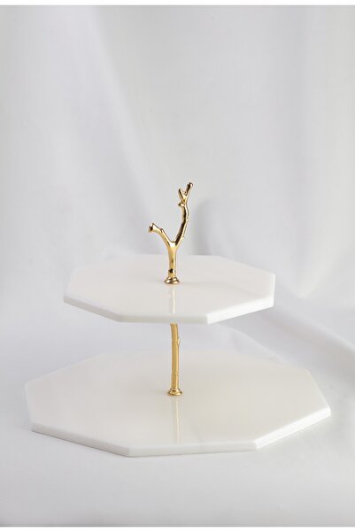 MERALP Presented, Layered Cookie Gold 2-Piece Real Marble Cake Presentation, Metal Profile Handle