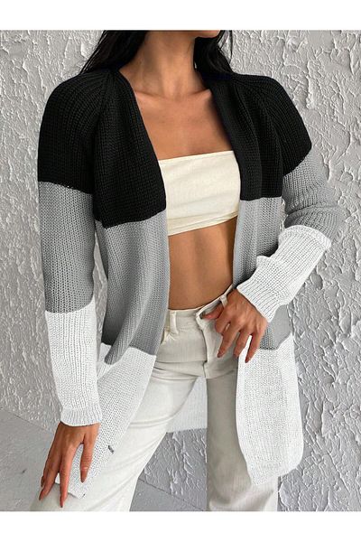 AQE FASHION Cardigan lung pentru tricotaje, negru, gri, alb, blocat