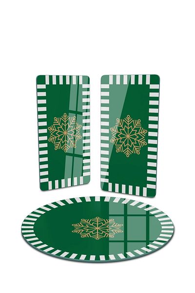 Decovetro Green White 3-Piece Round Glass Plate Set - Snowflake Pattern