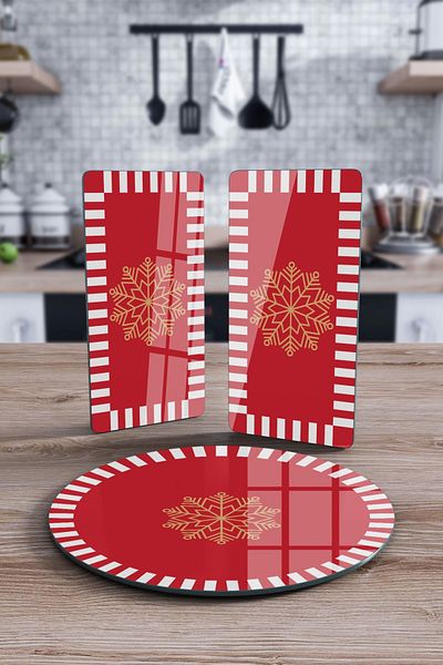 Decovetro 3-Piece Round Glass Serving Plate - Red and White Snowflake Pattern