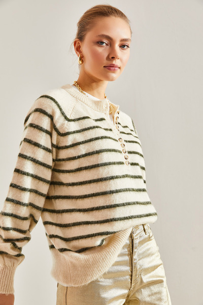 Bianco Lucci Women's Charmed Striped 11 Button Knitwear Sweater