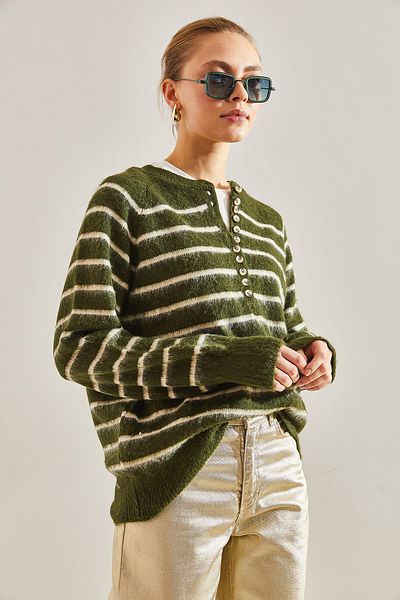 Bianco Lucci Dámský pletený svetr Charmed Striped s 11 knoflíky