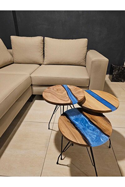 Mai Epoksi Ahşap Sehpa, 3'lü Epoksi Zigon Sehpa, Epoksi Nehir Sehpa, Doğal Ceviz Ağacı Epoksi Zigon,