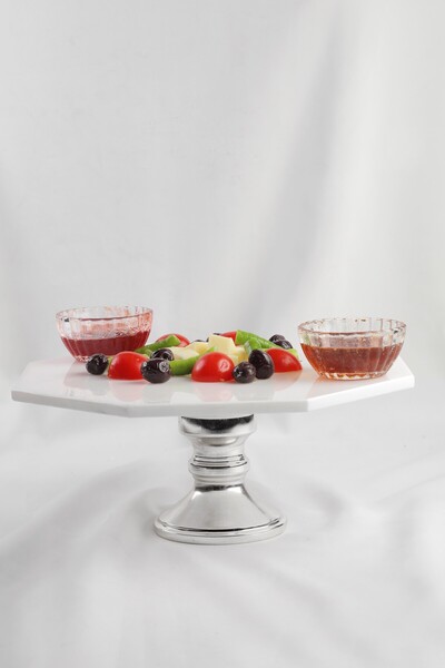 MERALP Sunumluk Gümüş Gerçek Mermer Pasta Sunumu