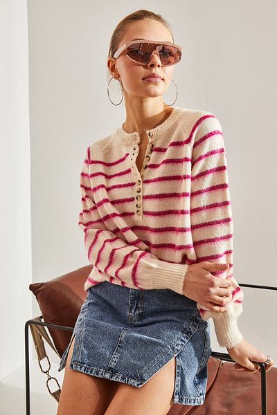 Bianco Lucci Charmed gestreifter Strickpullover mit 11 Knöpfen für Damen