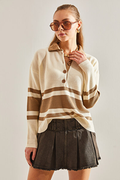 Bianco Lucci Women's Polo Neck Buttoned Knitwear Sweater