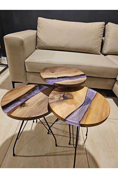 Mai Epoksi Ahşap Sehpa, 3'lü Epoksi Zigon Sehpa, Epoksi Nehir Sehpa, Doğal Ceviz Ağacı Epoksi Zigon,