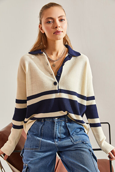 Bianco Lucci Women's Polo Neck Buttoned Knitwear Sweater