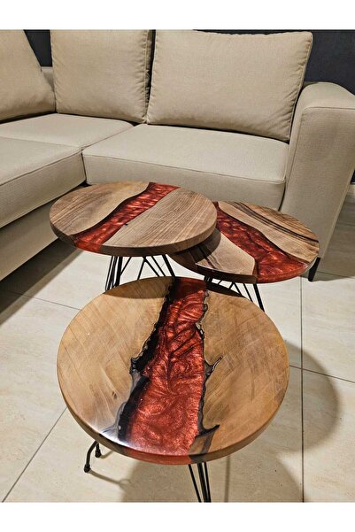 Mai Epoksi Ahşap Sehpa, 3'lü Epoksi Zigon Sehpa, Epoksi Nehir Sehpa, Doğal Ceviz Ağacı Epoksi Zigon,