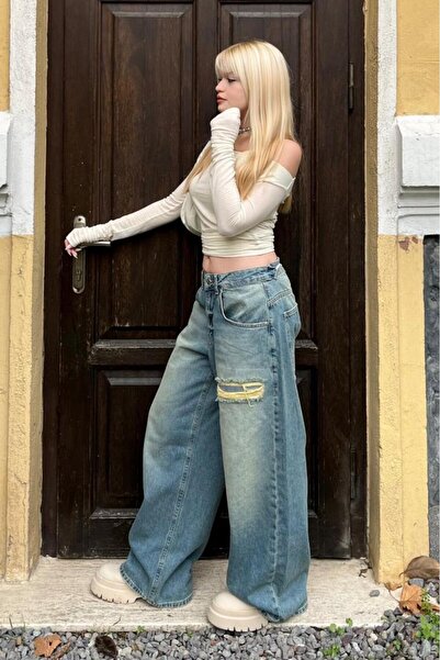 Bases Μπλε σκισμένο φαρδύ τζιν