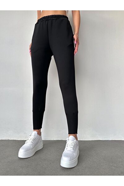 hira fashion Kadın siyah scuba yüksek bel paça pileli pantolon