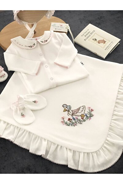 Florijee Puddle Duck El işi Organik Yenidoğan Hastane Çıkış Seti Pembe Fırfırlı