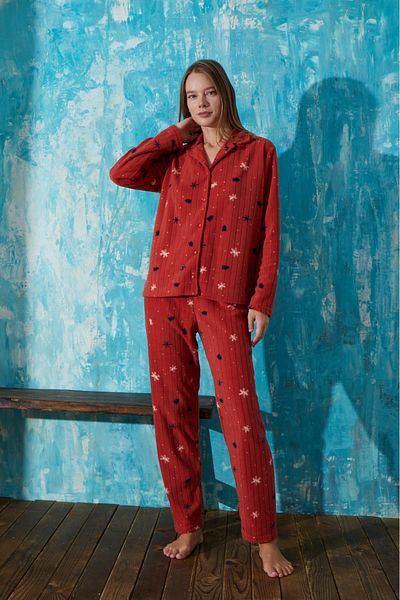 MEBA Women's Front Buttoned Pale Effect Tile Fleece Pajama Set -34