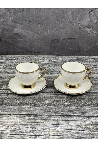 YzHome Set of 2 Porcelain White Gold Gilded Coffee Cup Set 80cc