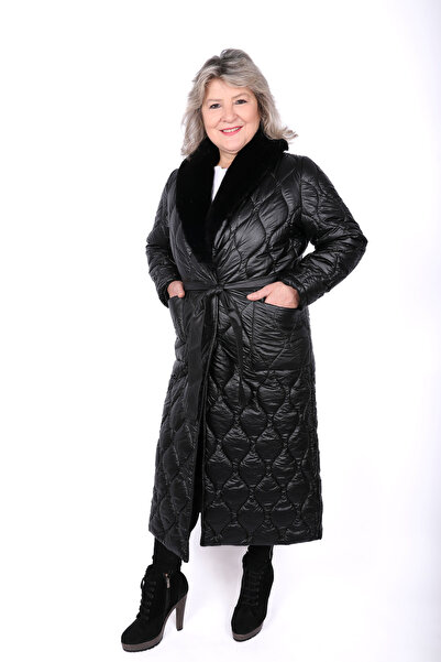 Hitit Butik Yakası Kürklü Uzun Siyah Mont