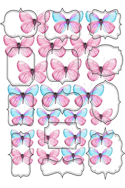 Lyroni Yenilebilir Şeker Kağıt Kelebek Pembe-Mavi Pasta Süsleme