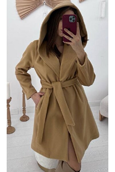 Yess Butik Camel Kapüşonlu Kaşe Kaban