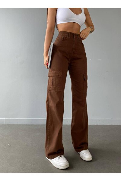 LAMİRAMOOD Pantaloni KAHVE Cargo Pocket Wide Leg cu talie înaltă