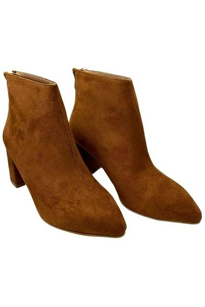 İmerShoes Γυναικείες μπότες Daily Tan Suede - Χοντρό τακούνι, λεπτομέρεια με φερμουάρ, μυτερή μύτη και μποτάκι με γούνα 211