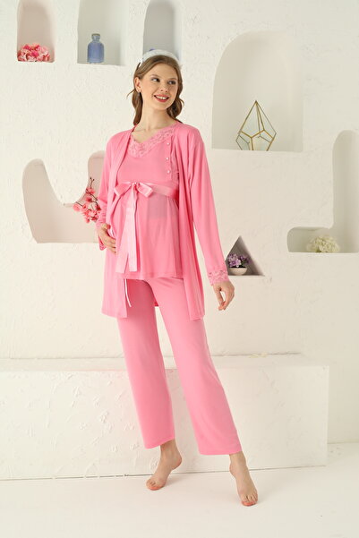 JENİKA Pink Lace and Breastfeeding Detail Maternity Pajamas Set