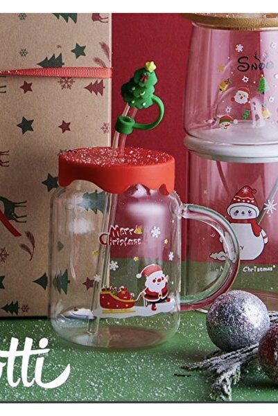 KÜÇÜK EW كوب فيليكس ميري تري مع القش ورجل الثلج (بوروسيليكات مقاوم للحرارة)