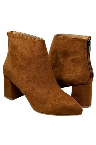 İmerShoes Γυναικείες μπότες Daily Tan Suede - Χοντρό τακούνι, λεπτομέρεια με φερμουάρ, μυτερή μύτη και μποτάκι με γούνα 211