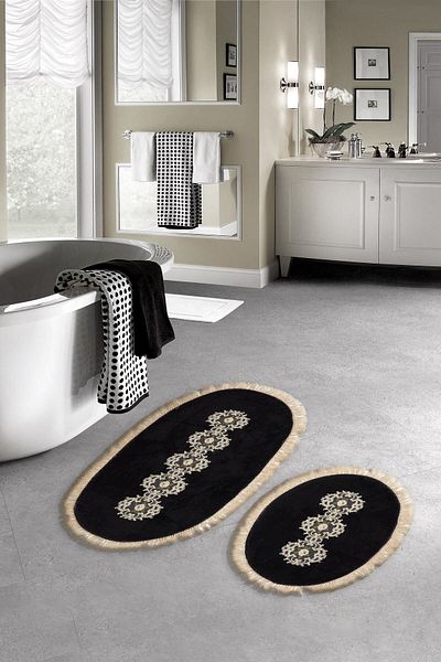 Alanur Home Eiffel Fringed Welsoft Lace 2-Piece Bathroom Toilet Set Black