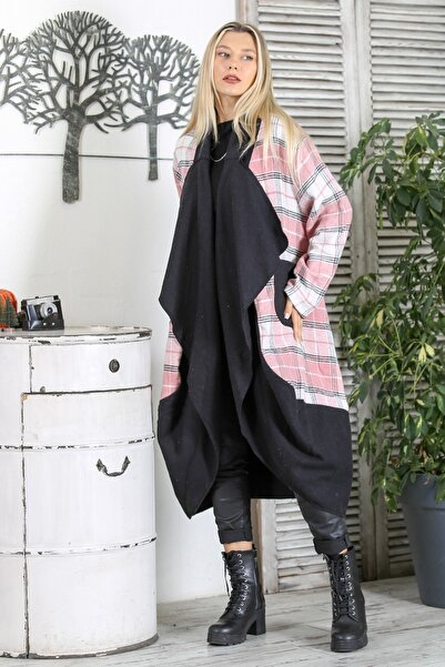 Chiccy Pink-Black Handkerchief Collar Long Sleeve Plaid Double Pocket Long Fit Woven Casual Coat