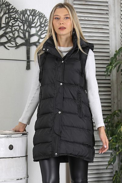 Chiccy Black Hooded Sleeveless Snap Fastener Double Pocket Thick Woven Long Fit Vest