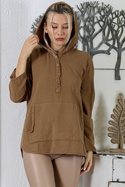 Chiccy Μπλούζα με κουκούλα με μακριά μανίκια με κουμπιά και τσέπες καγκουρό, πλενόμενη υφασμένη φαρδιά μπλούζα