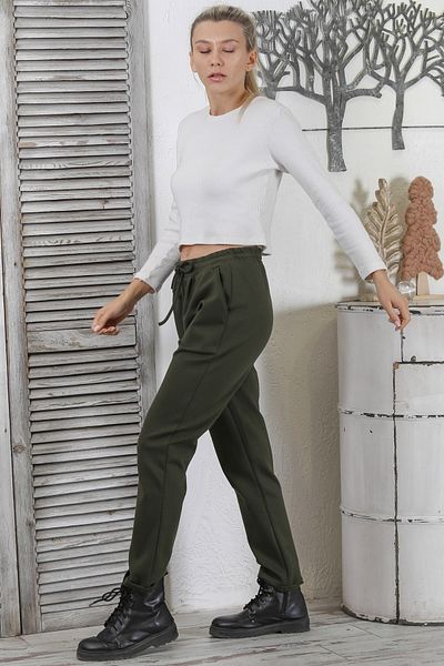 Chiccy Pantaloni interlock casual din oțel cu două picioare, tricotați cu buzunar dublu, kaki închis, cu talie elastică și legată
