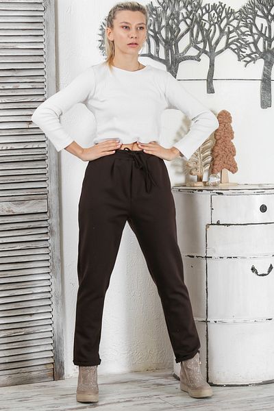 Chiccy Dark Brown Double Pocket Knitted Elasticated and Tied Waist Double Leg Casual Steel Interlock Trousers