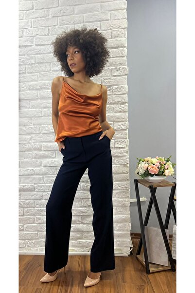 ROZALLİNİ Degaje Yaka Askılı Saten Bluz