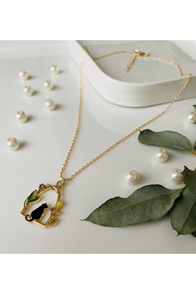 Fynbos Kedi Figürlü Özel Tasarım Kadın Kararmayan Gold Zincir Kolye