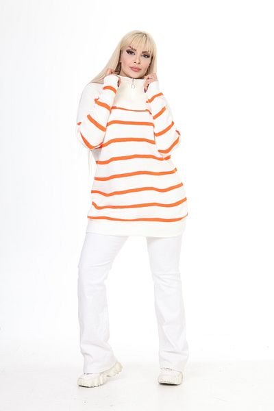 MJORA Zippered Polo Neck Striped Knitted Knitwear Sweater