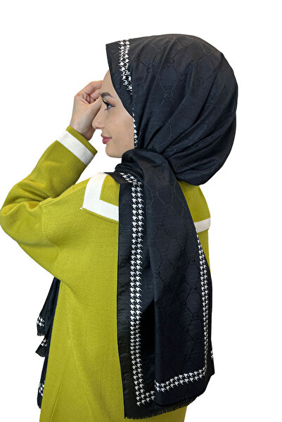 Hint İpek Houndstooth Patterned Monogram Shawl 00910 Black and White