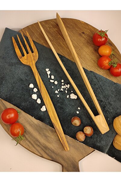 BEF CRAFT Tahta Kaşık Servis Çatalı Ahşap Maşa 2'li Set Zeytin Ağacı Mutfak G...