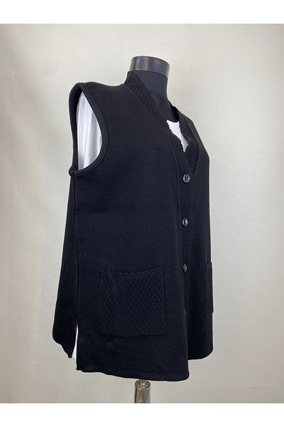 ECALAMODE Mother Short Buttoned Black Sleeveless Knitwear Vest with Pockets