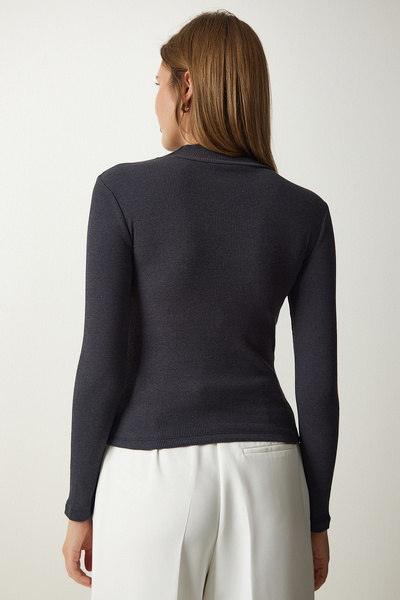 Happiness İstanbul Dámská antracitová pletená halenka se šňůrkou GT00065