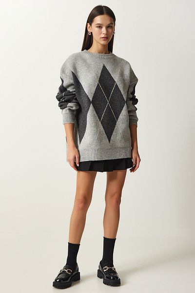 Happiness İstanbul Hellgrauer, hochwertiger Oversize-Strickpullover mit Rautenmuster für Damen FN03163