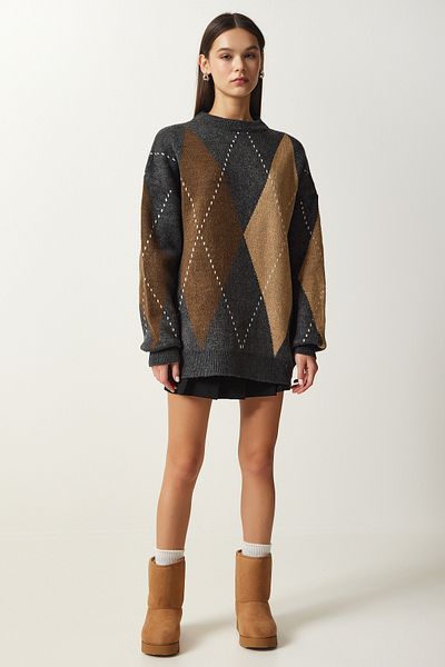 Happiness İstanbul Women's Anthracite Premium Diamond Patterned Oversize Knitwear Sweater FN03163
