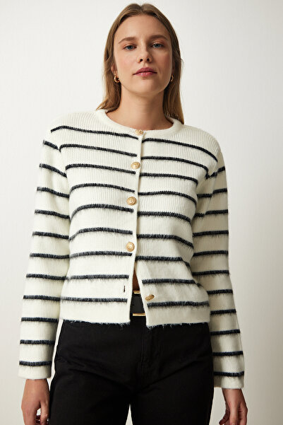 Happiness İstanbul Kadın Kemik Siyah Şık Düğmeli Çizgili Triko Hırka PF00051