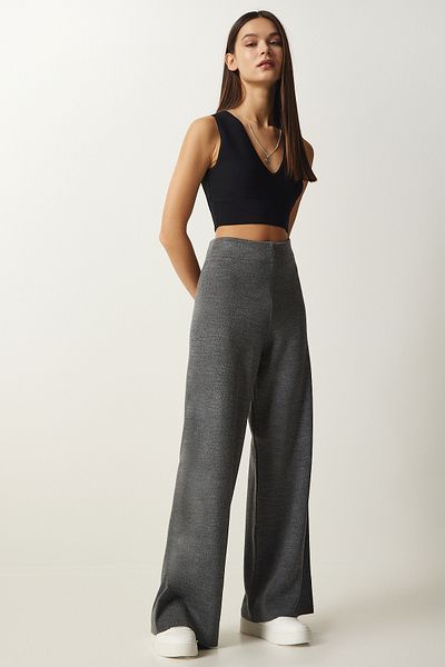 Happiness İstanbul Women's Gray Wide Leg Thick Knitwear Trousers YG00102