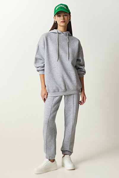 Happiness İstanbul Női szürke kapucnis kendős kötött tréningruha szett DD01279