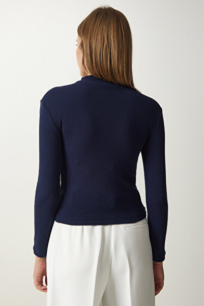 Happiness İstanbul Női sötétkék kivágott részletes zsinóros kötött blúz GT00065